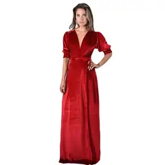 MARIA PASKARO - Vestido Largo Sevilla Rojo Terciopelo Manga Corta Globo - Rojo