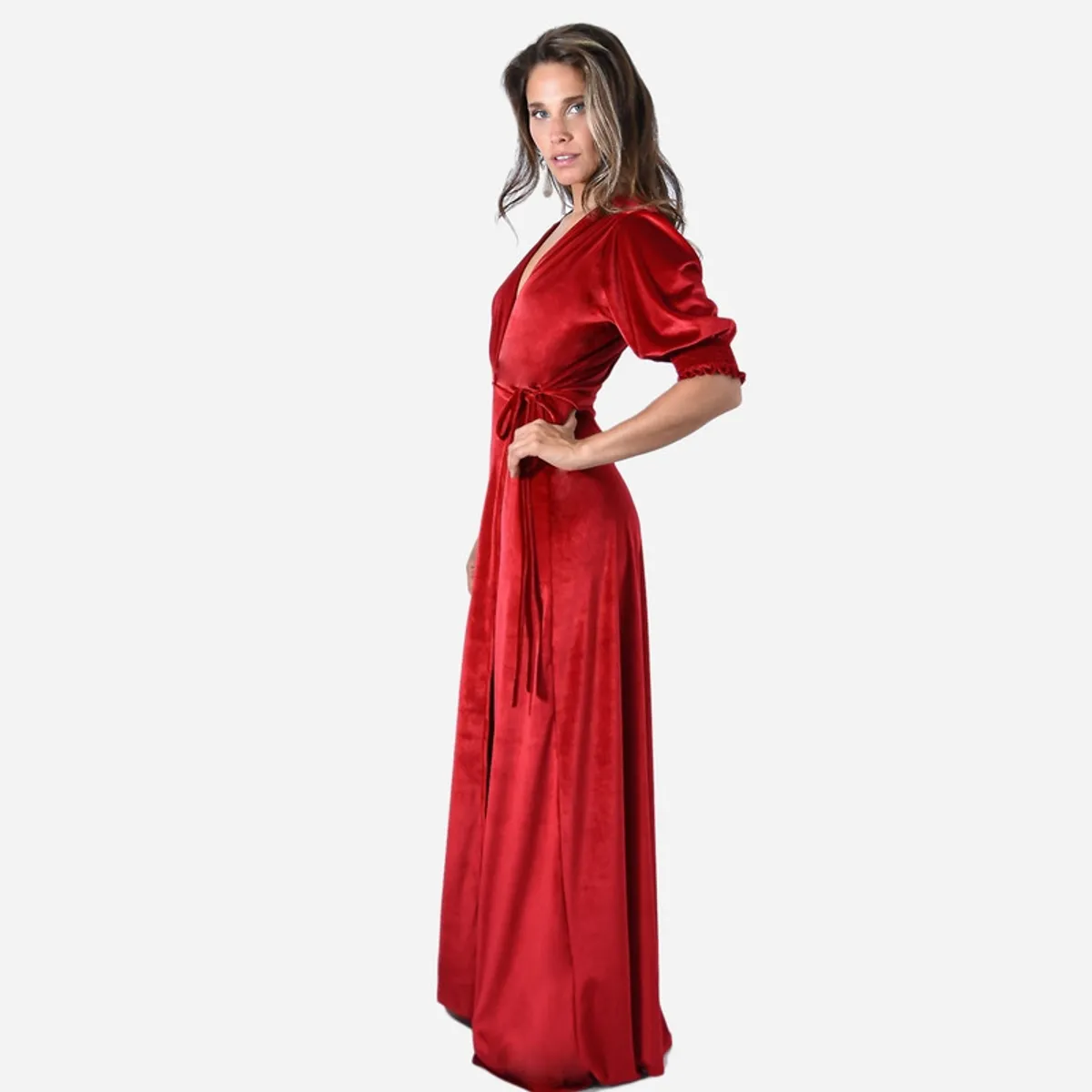 MARIA PASKARO - Vestido Largo Sevilla Rojo Terciopelo Manga Corta Globo Maria Paskaro - Rojo