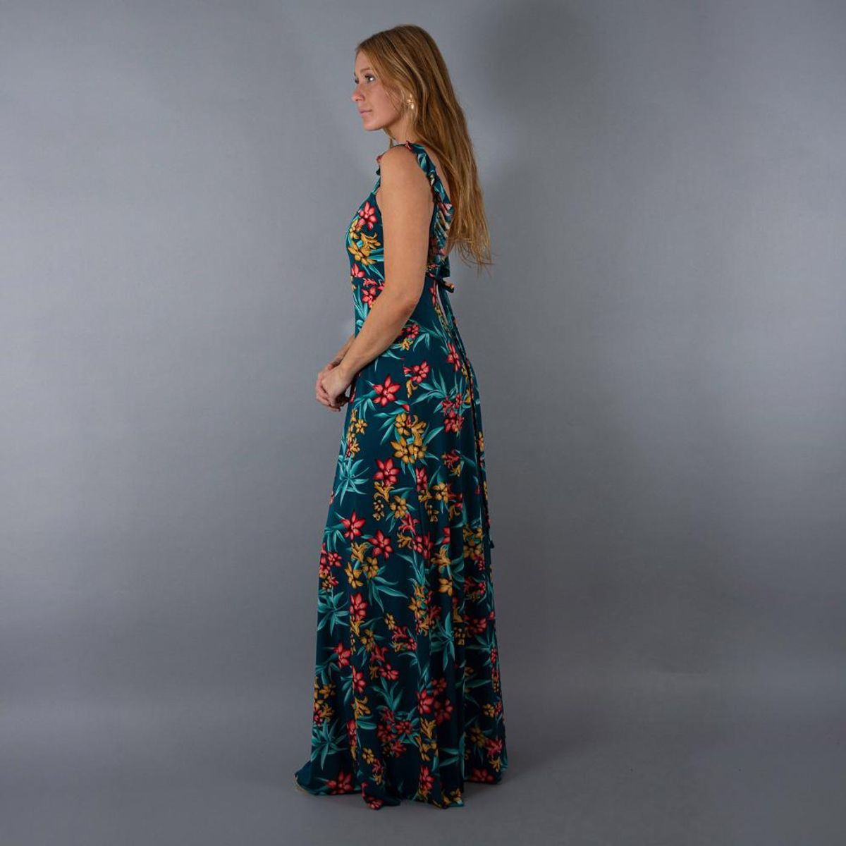 MARIA PASKARO - Vestido Largo Jaipur Turquesa Flores Coral Vuelitos Maria Paskaro MARIA PASKARO