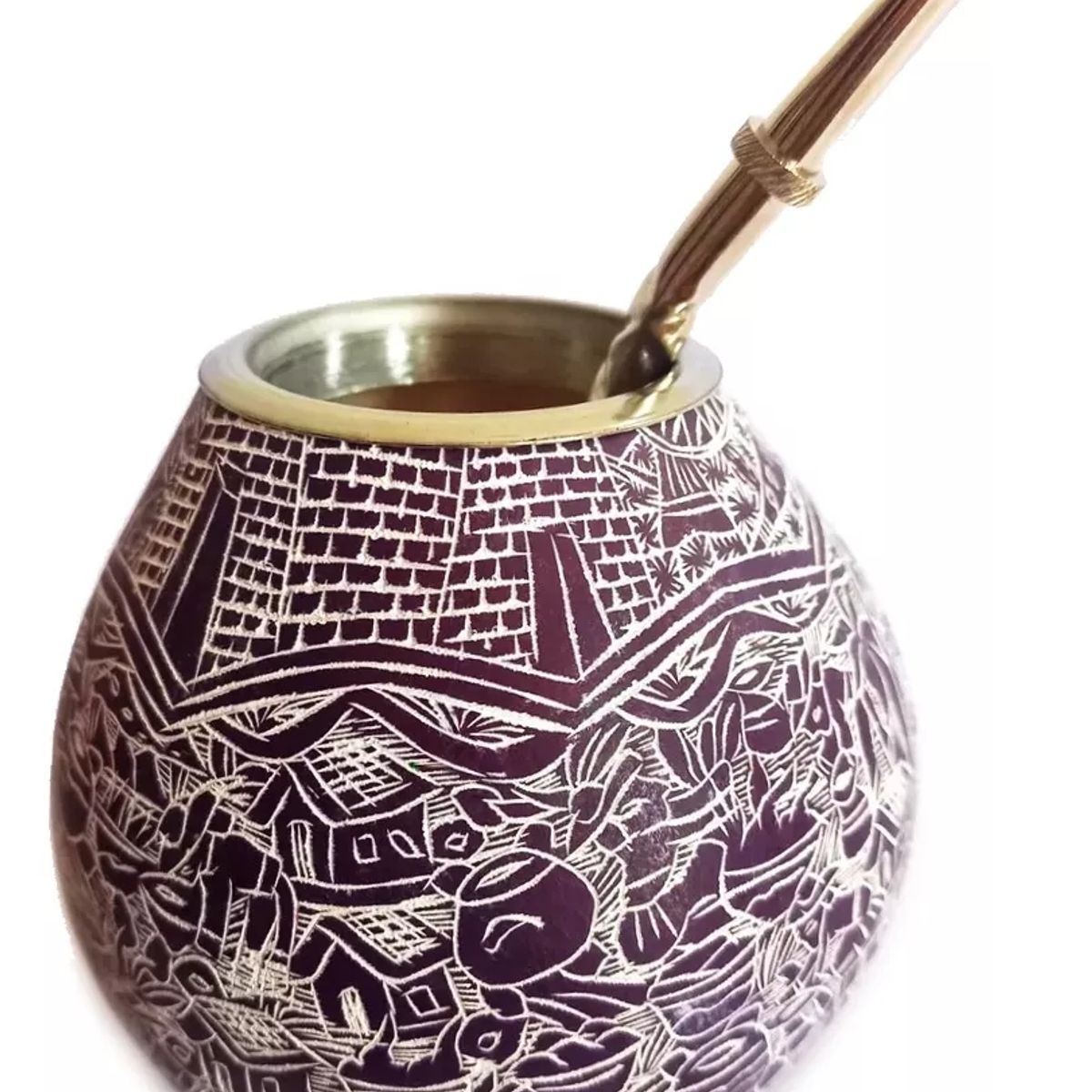 GENERICO - Mate Calabaza Tallados Pintados + Bombilla Acero Inox