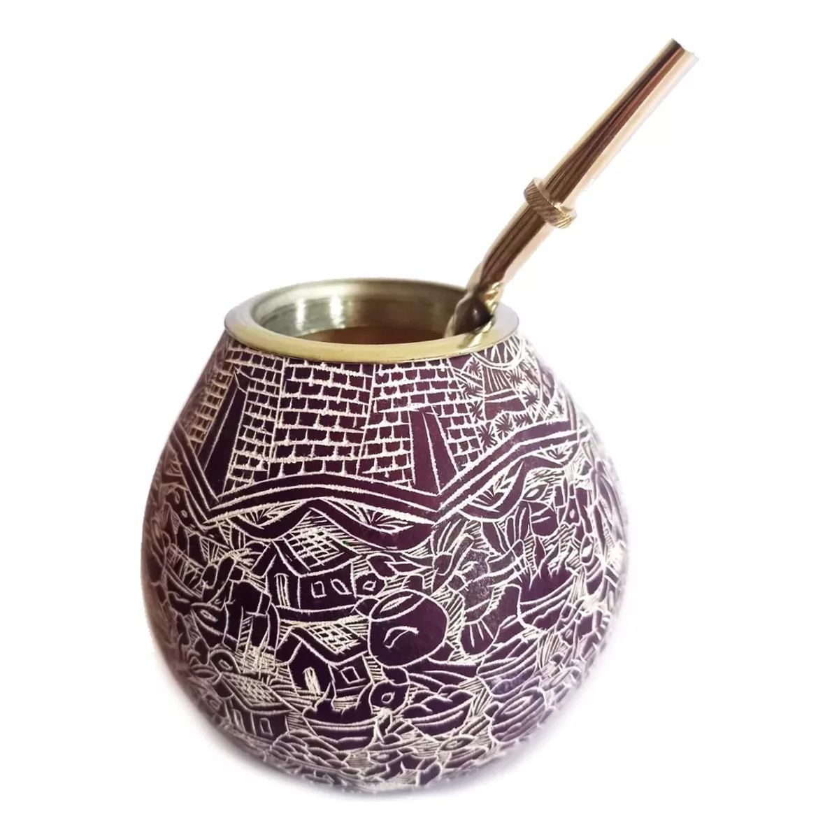 GENERICO - Mate Calabaza Tallados Pintados + Bombilla Acero Inox