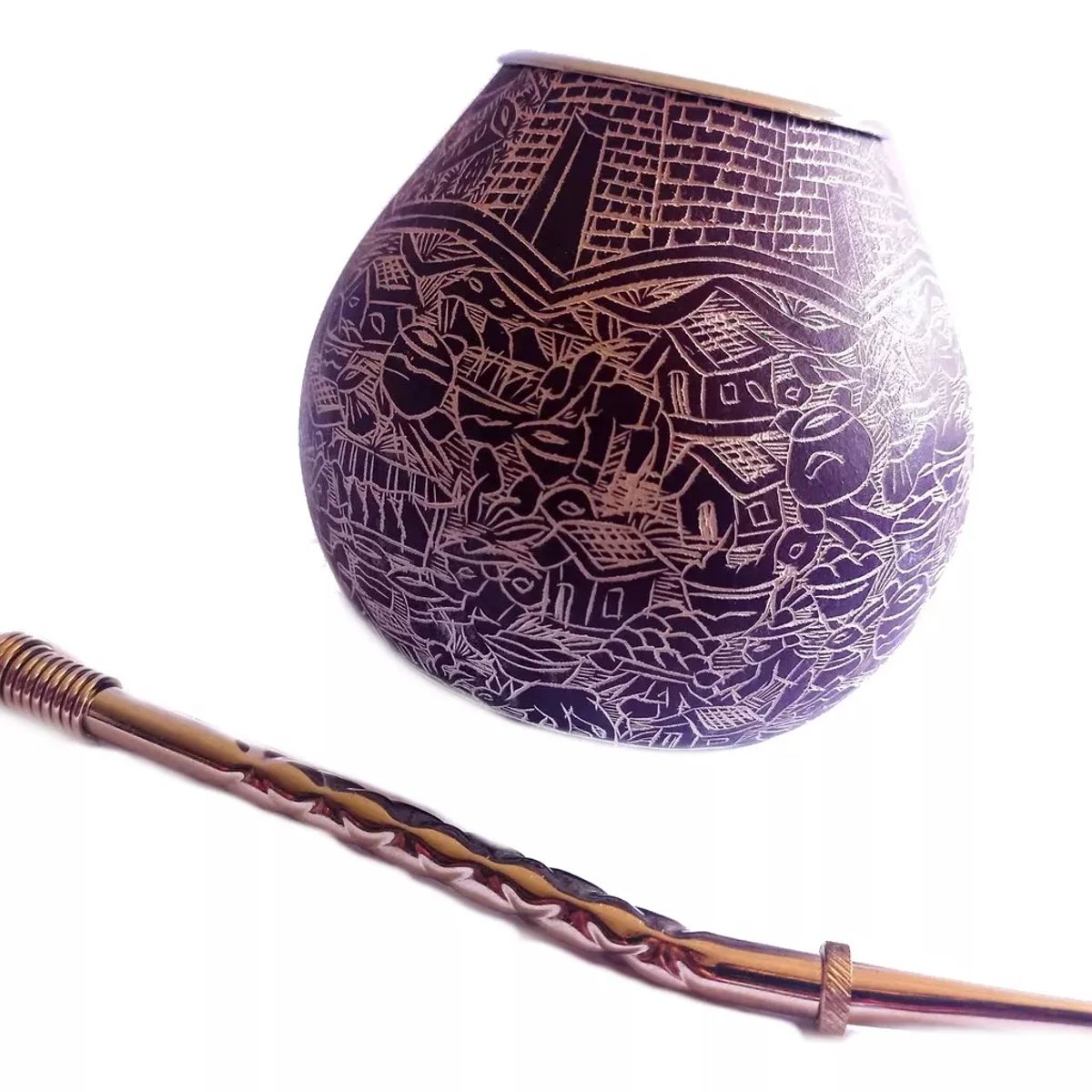 GENERICO - Mate Calabaza Tallados Pintados + Bombilla Acero Inox