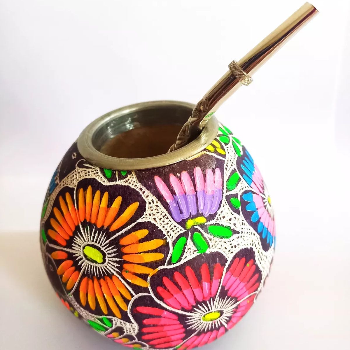 GENERICO - Mate Calabaza Tallados Pintados + Bombilla Acero Inox