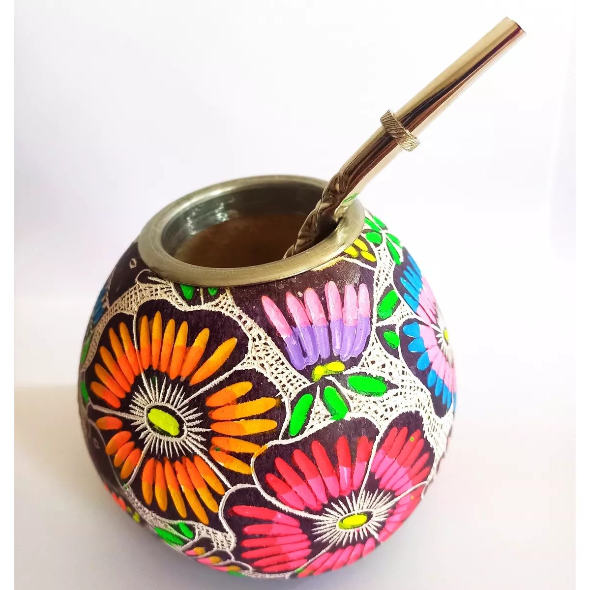 GENERICO - Mate Calabaza Tallados Pintados + Bombilla Acero Inox