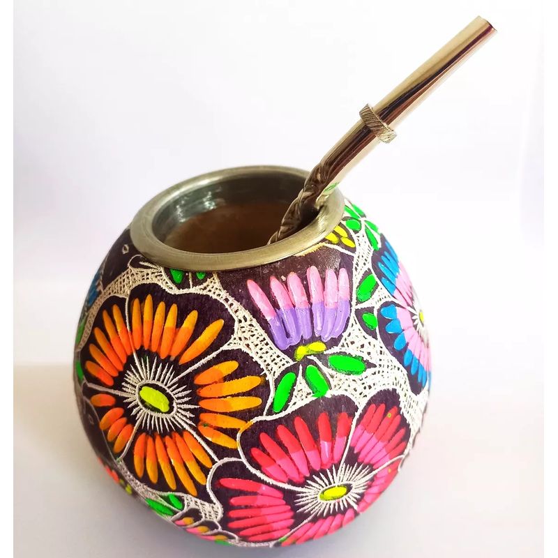 GENERICO - Mate Calabaza Tallados Pintados + Bombilla Acero Inox