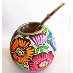 GENERICO - Mate Calabaza Tallados Pintados + Bombilla Acero Inox