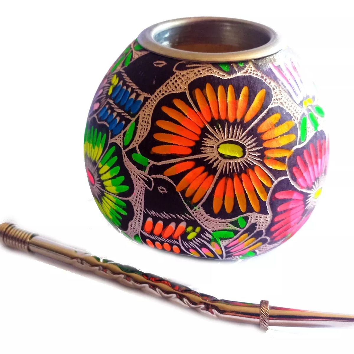 GENERICO - Mate Calabaza Tallados Pintados + Bombilla Acero Inox