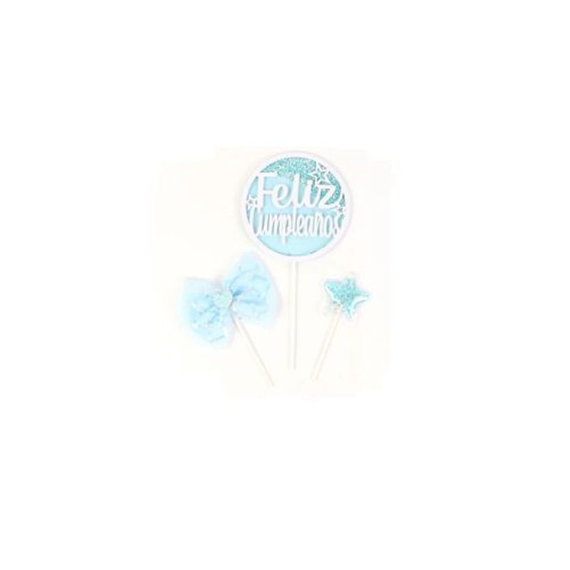 GENERICO - Topper Feliz Cumpleaños Azul 3pcs 12x20cm