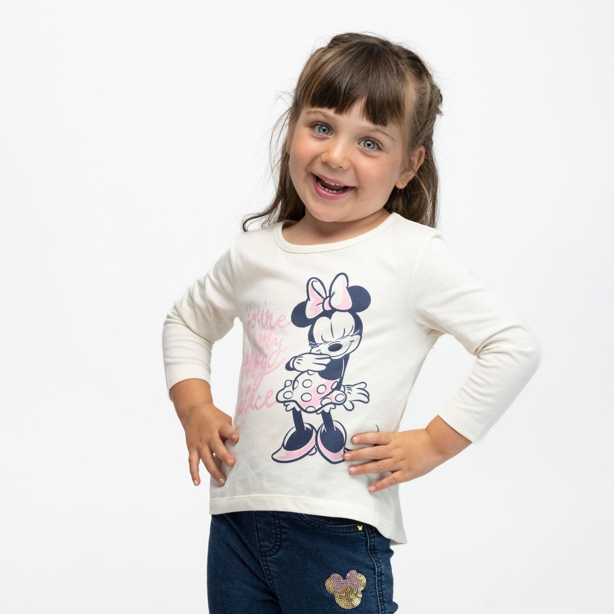 DISNEY - Polera Manga Larga Niña Happy Place Minnie Blanco Disney
