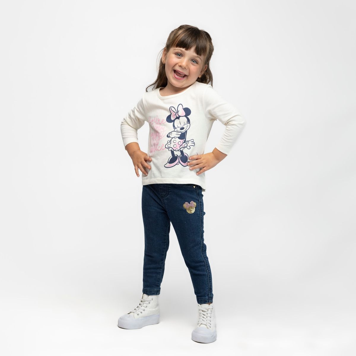 DISNEY - Polera Manga Larga Niña Happy Place Minnie Blanco Disney