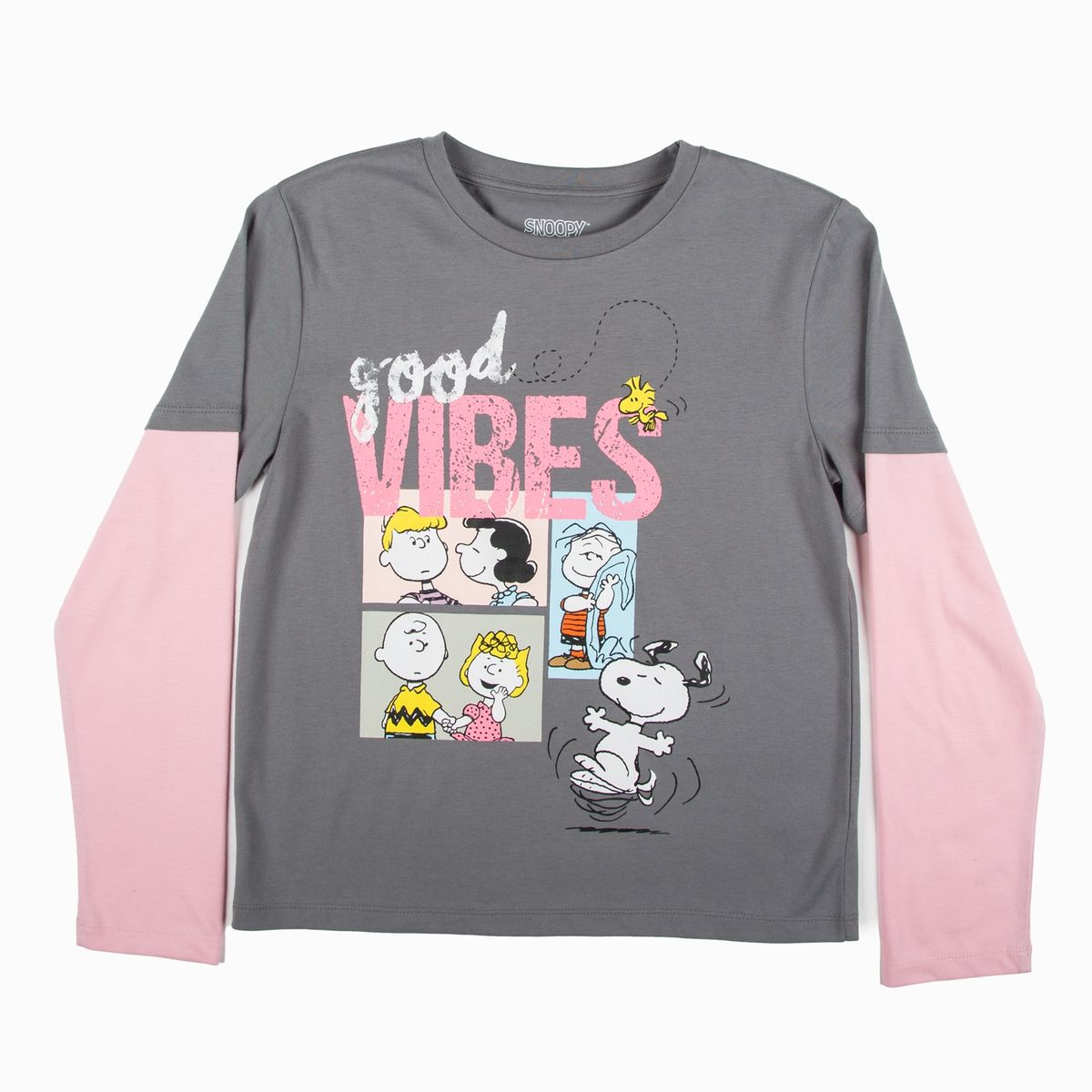 SNOOPY - Polera Manga Larga Niña Good Vibes Gris Snoopy