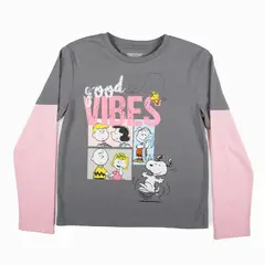 SNOOPY - Polera Manga Larga Niña Good Vibes Gris