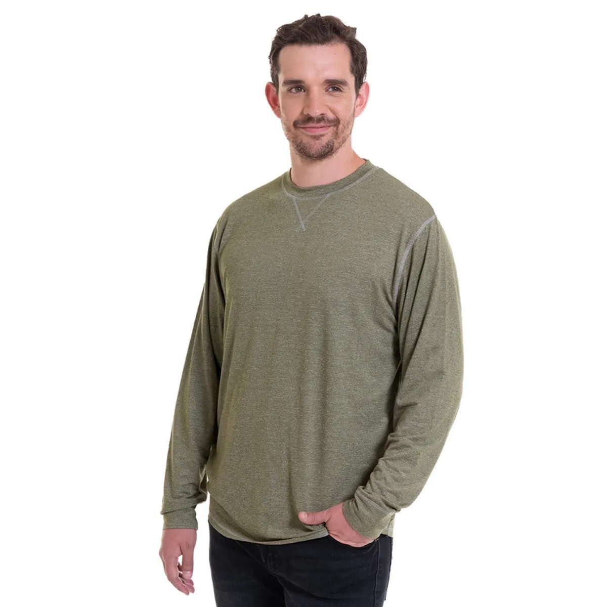 TRUVAL - Polera Manga Larga Slub Melange Khaki TRUVAL