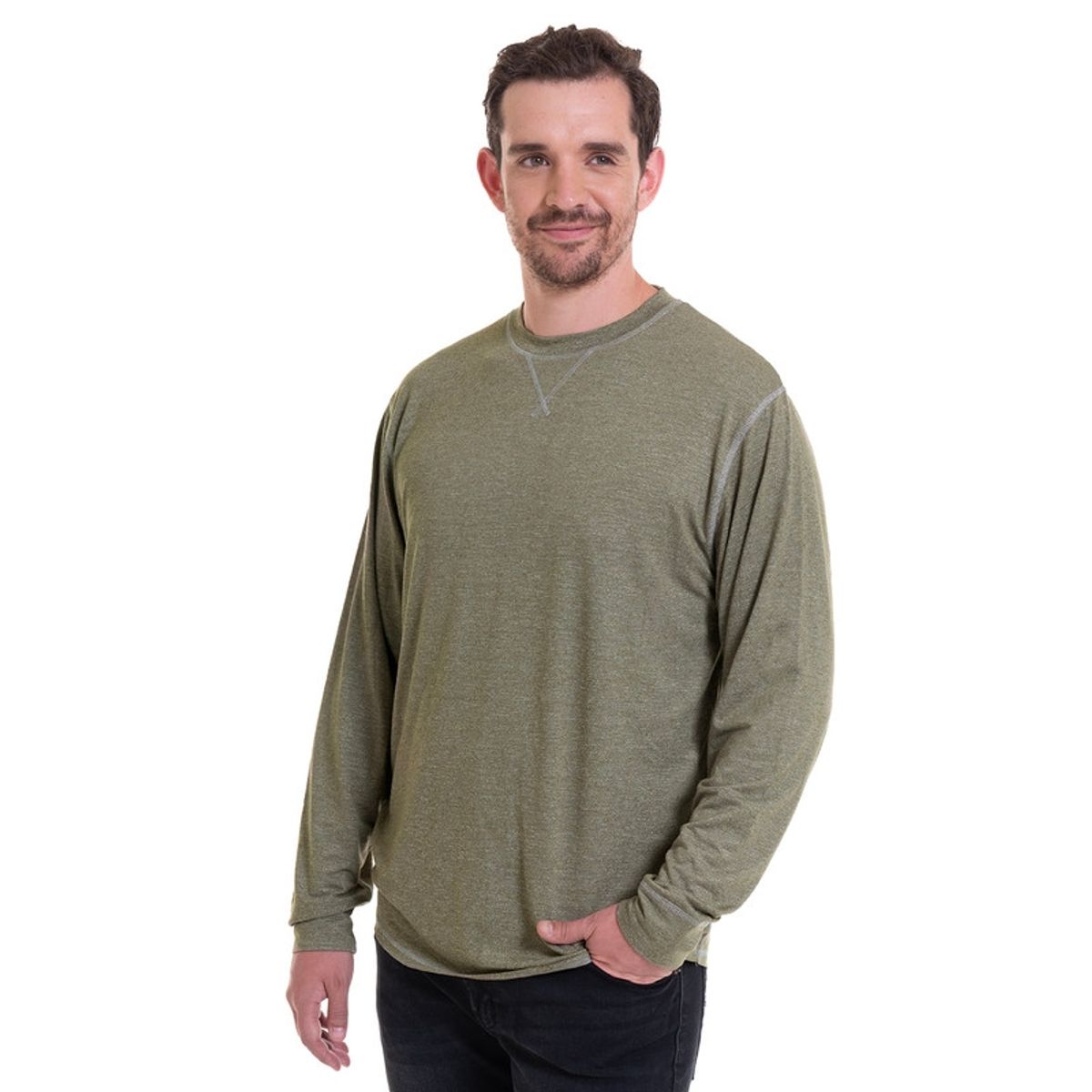 TRUVAL - Polera Manga Larga Slub Melange Khaki TRUVAL