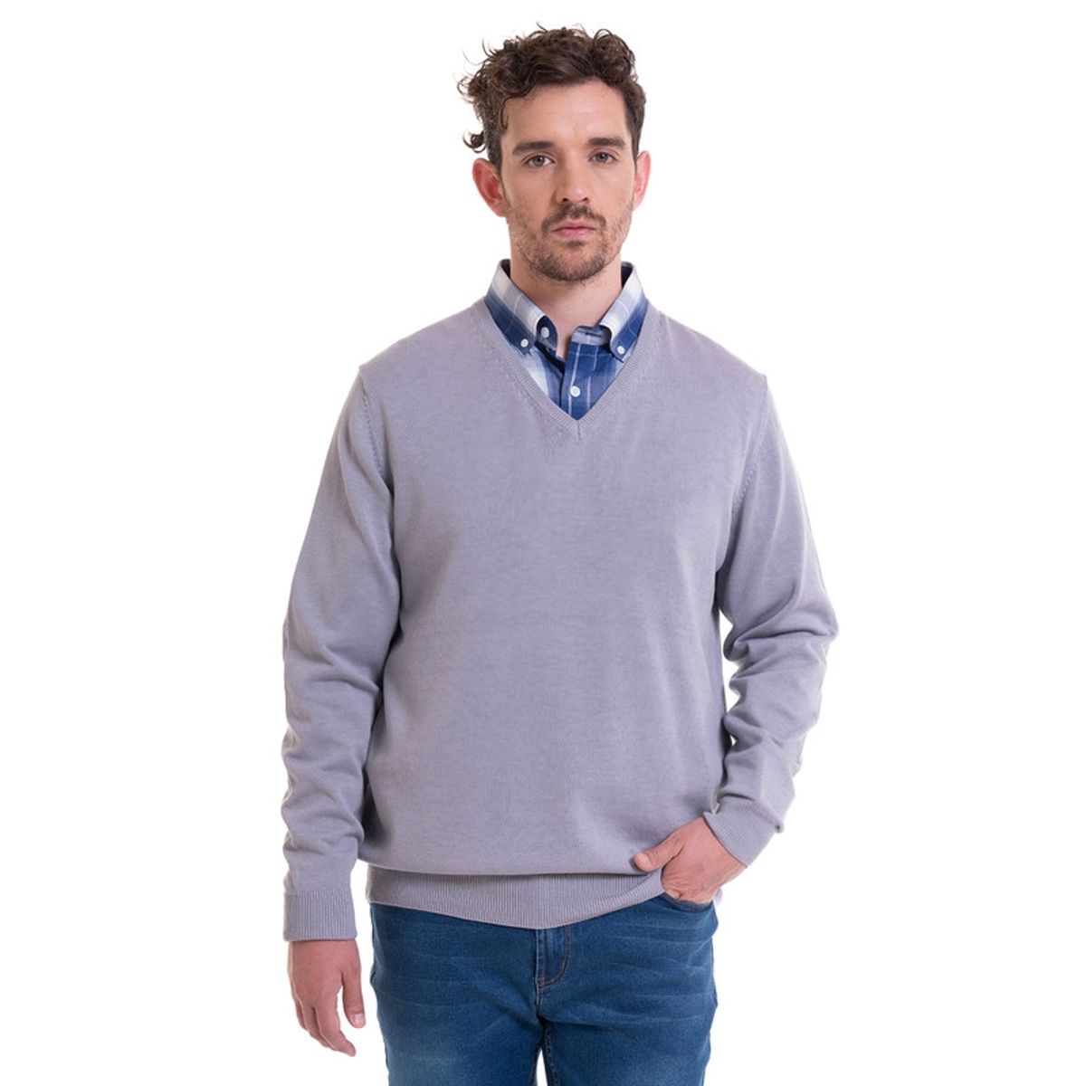 TRUVAL - Sweater Cuello V Melange medio TRUVAL