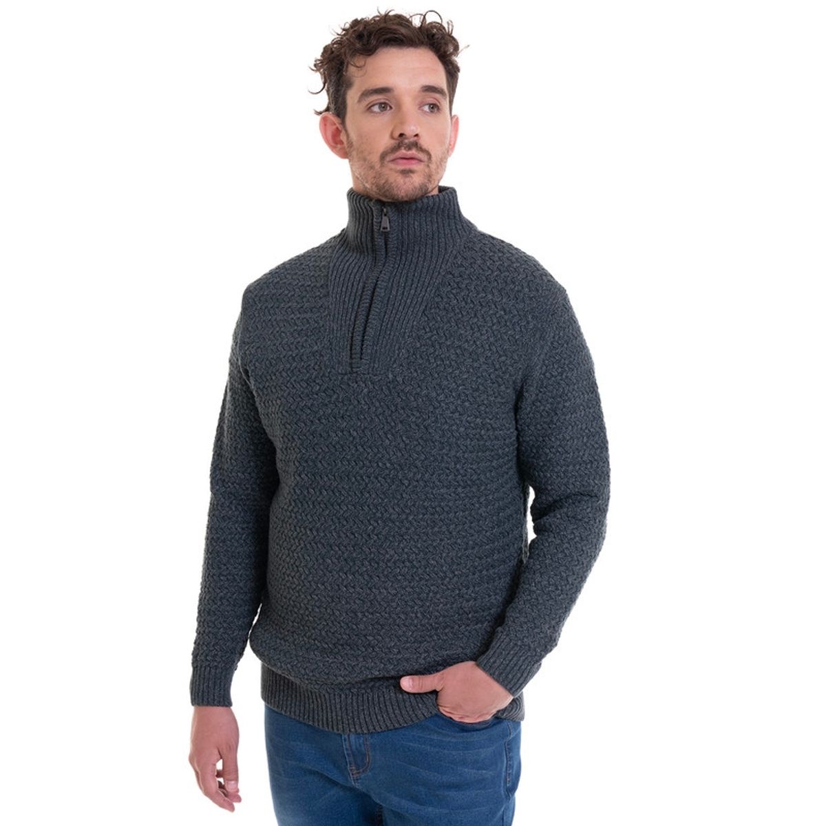 TRUVAL - Sweater Medio Cierre Verde Melange TRUVAL