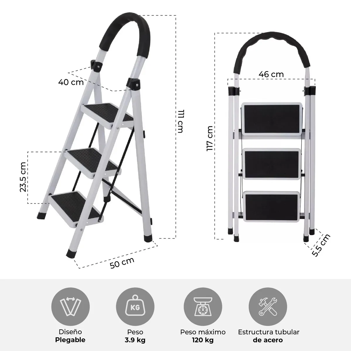 HALTEN - Escalera Taburete Plegable Halten 3 Peldaños Antideslizantes
