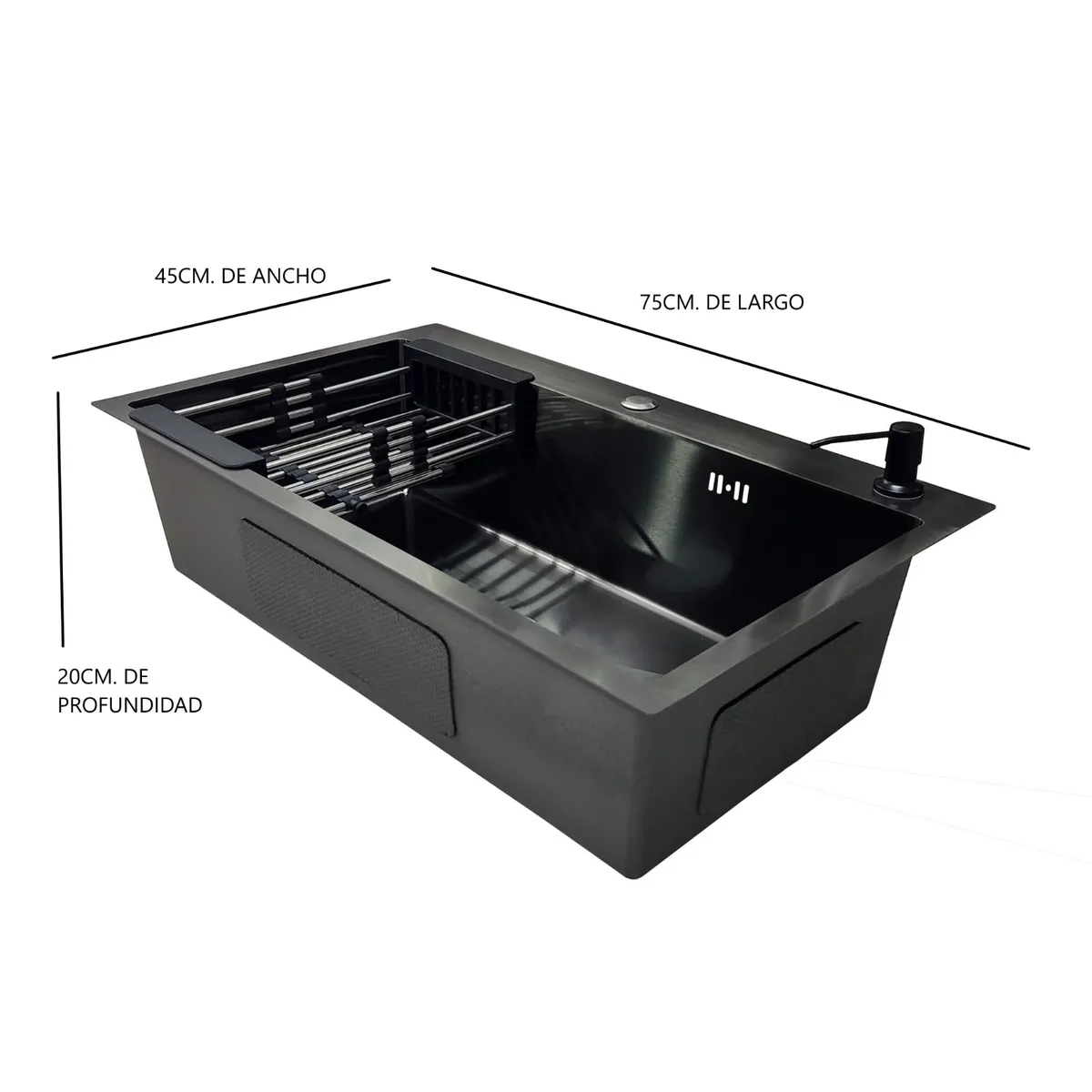 GENERICO - LAVAPLATOS 75X45 GRAFITO OSCURO + DISPENSADOR + REJILLA