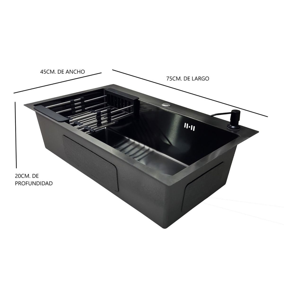 GENERICO - LAVAPLATOS 75X45 GRAFITO OSCURO + DISPENSADOR + REJILLA