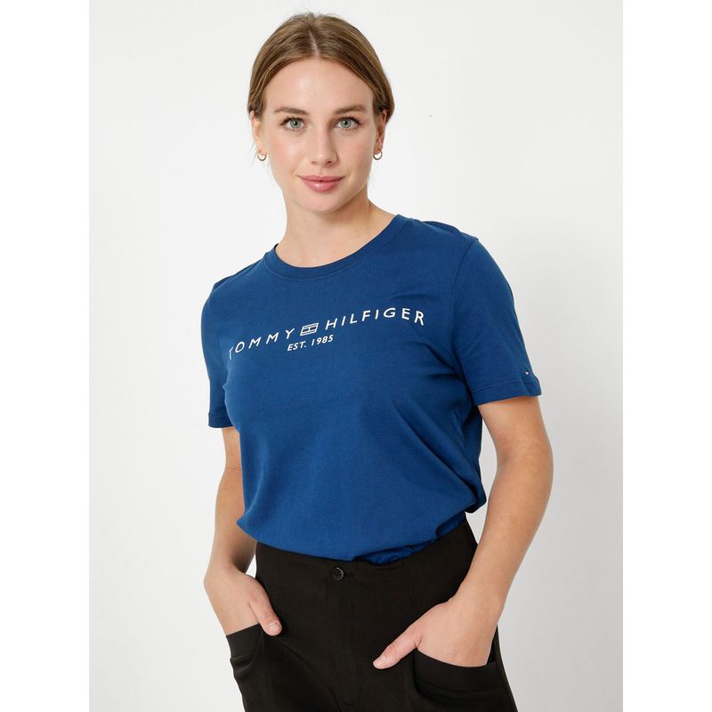 TOMMY HILFIGER - Polera Signature Con Logo Azul Tommy Hilfiger