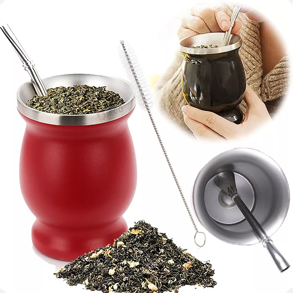 GENERICO - Taza De Con Bombilla Y Cepillos Set Acero Inoxidable 230ml