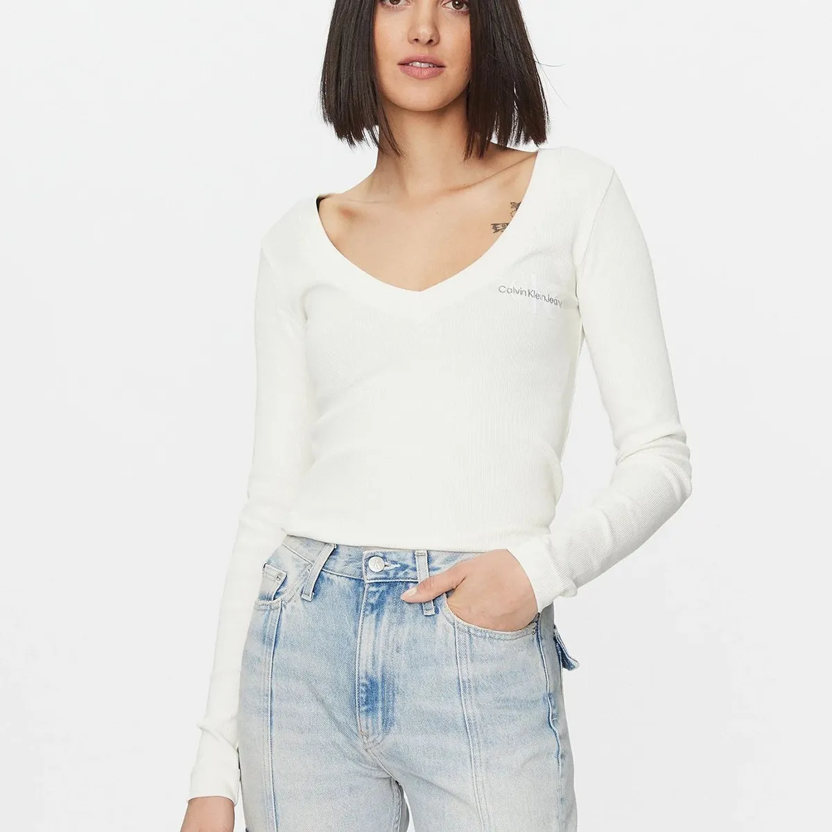 CALVIN KLEIN - Polera Ls Rib V-Neck Monologo Blanco Calvin Klein