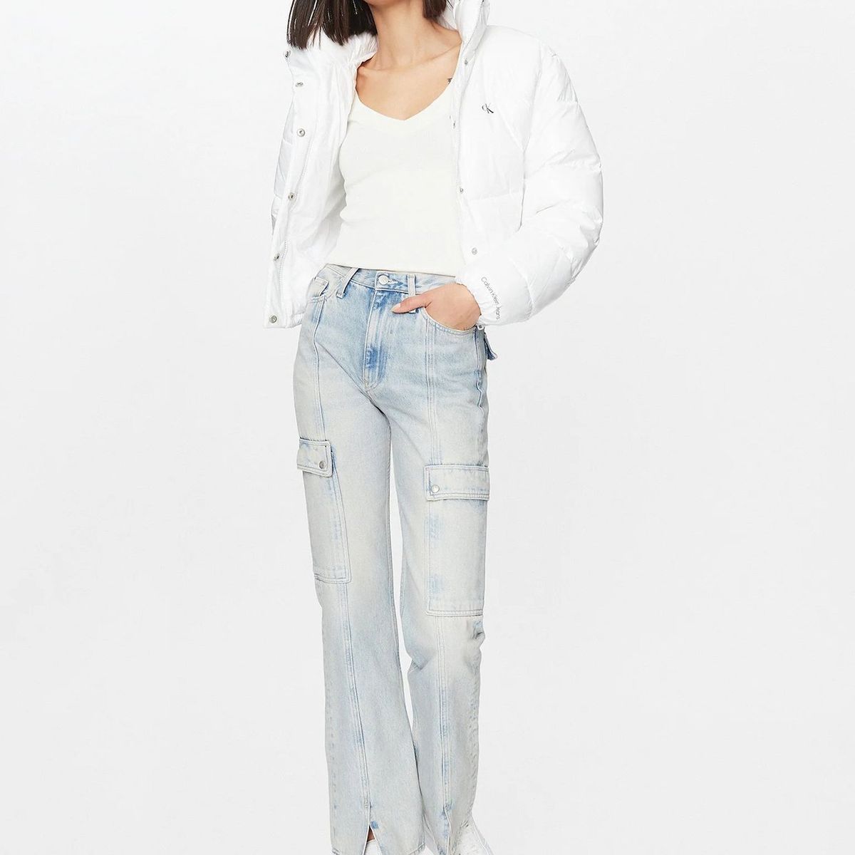 CALVIN KLEIN - Polera Ls Rib V-Neck Monologo Blanco Calvin Klein