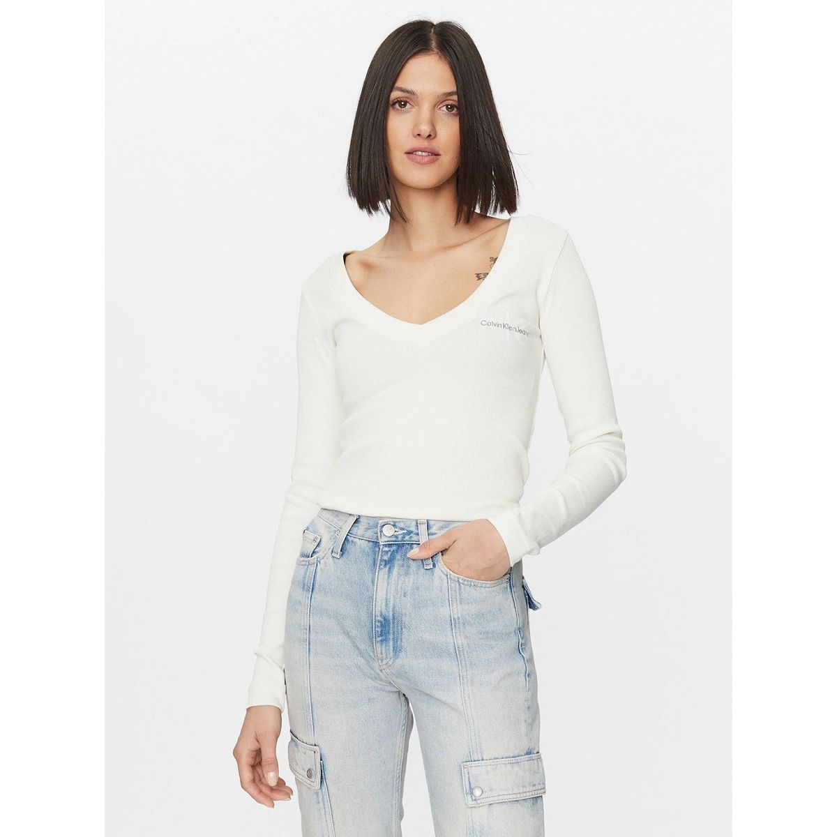 CALVIN KLEIN - Polera Ls Rib V-Neck Monologo Blanco Calvin Klein