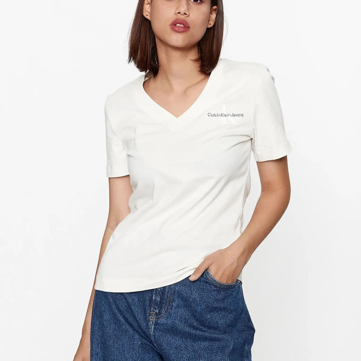 CALVIN KLEIN - Polera Monologo Slim V-Neck Blanco Calvin Klein