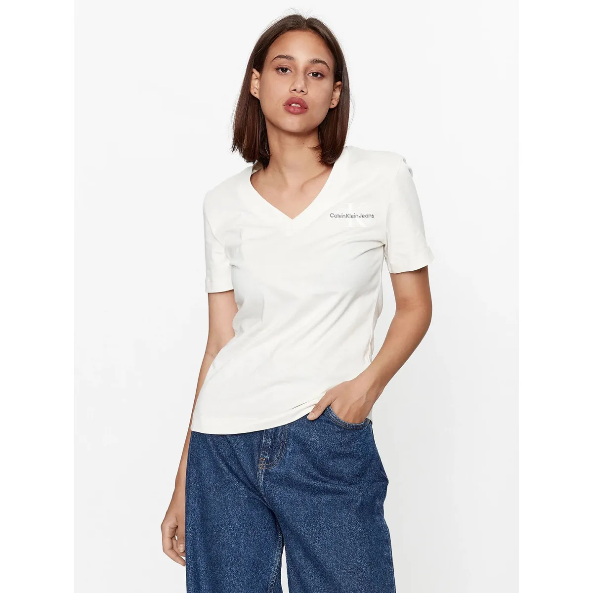 CALVIN KLEIN - Polera Monologo Slim V-Neck Blanco Calvin Klein