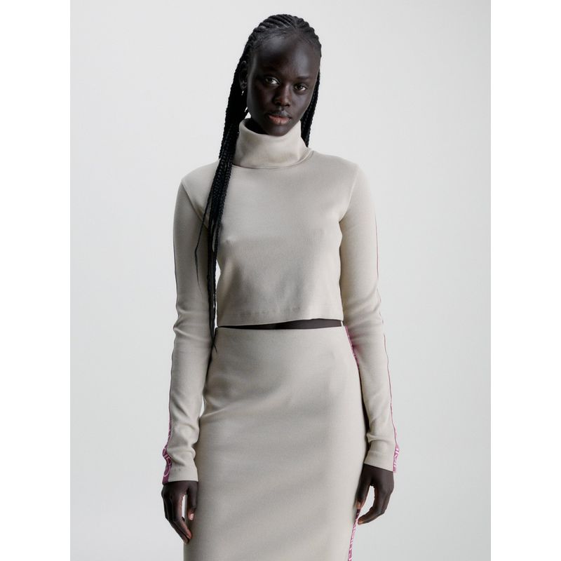 CALVIN KLEIN - Polera Ls Elastic Crop Crema Calvin Klein