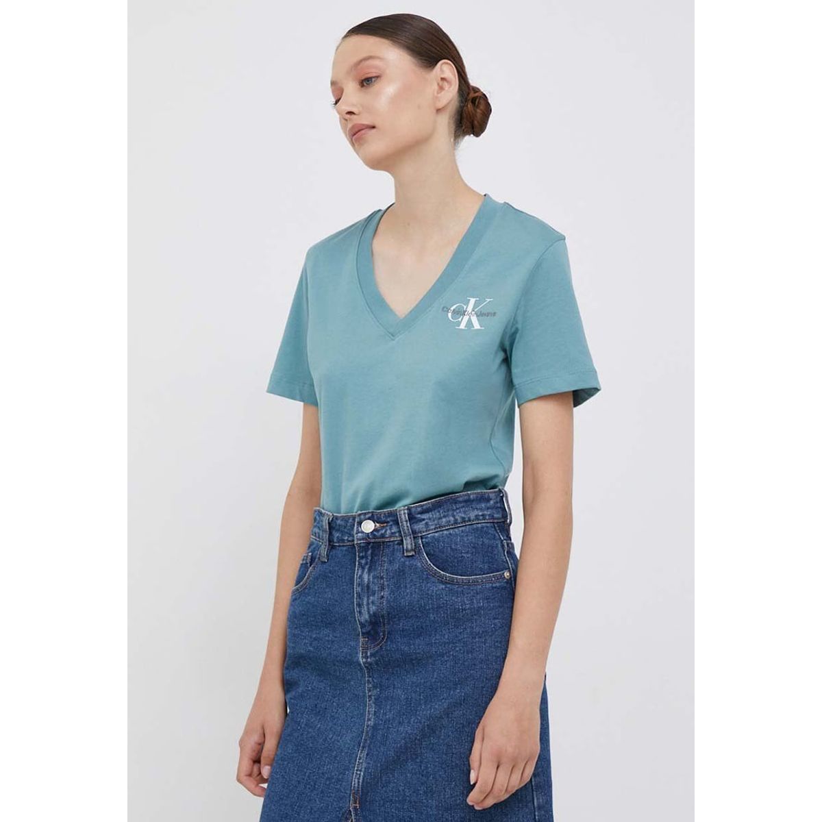 CALVIN KLEIN - Polera Monologo Slim V-Neck Verde Calvin Klein