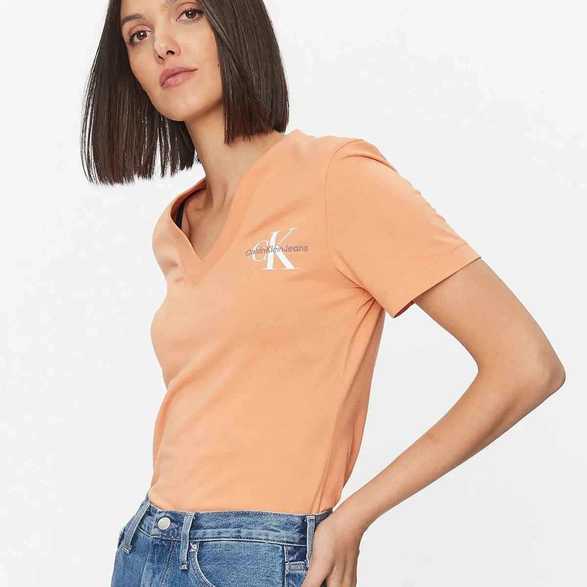 CALVIN KLEIN - Polera Monologo Slim V-Neck Naranja Calvin Klein