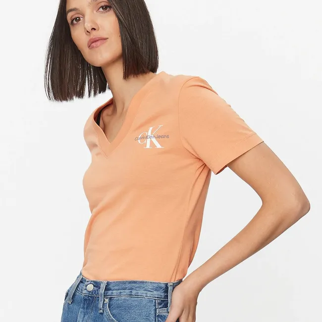 CALVIN KLEIN - Polera Monologo Slim V-Neck Naranja Calvin Klein