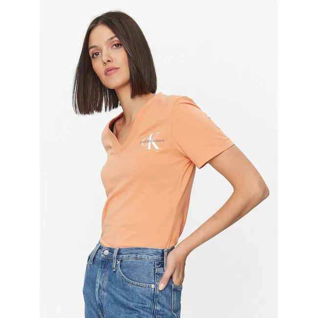 CALVIN KLEIN - Polera Monologo Slim V-Neck Naranja Calvin Klein