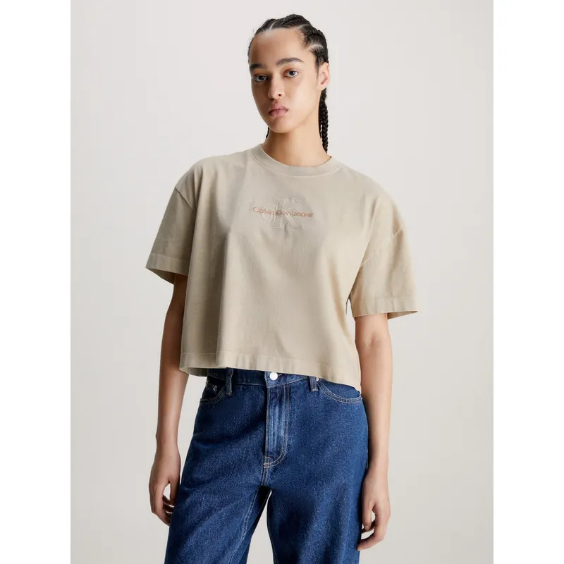 CALVIN KLEIN - Polera Mineral Dye Monologo Beige Calvin Klein