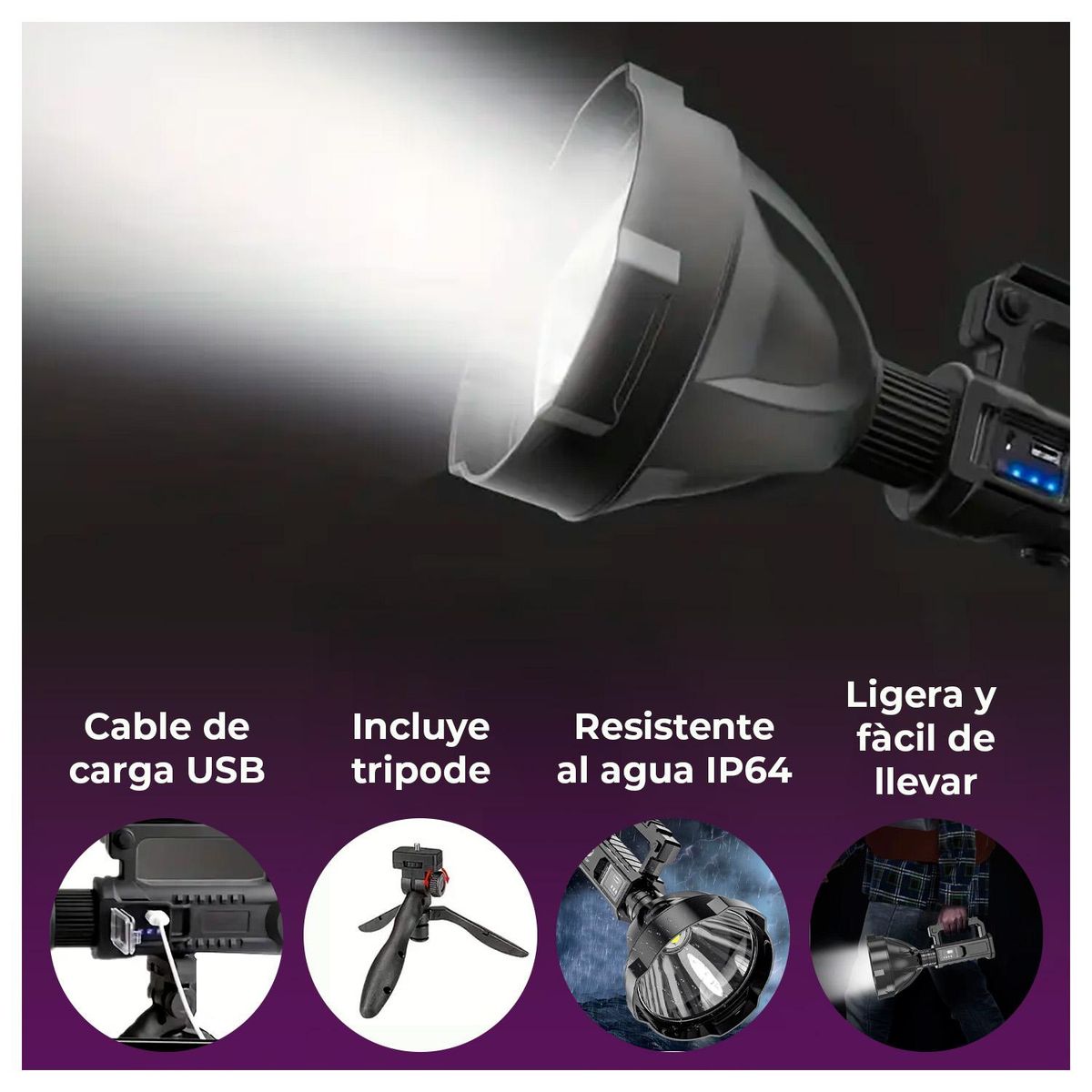 GLOBAL LATIN GROUP - Linterna Led Recargable de Alta Potencia Portatil Puerto USB y tripode