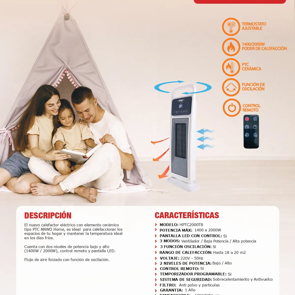 ANWO - Estufa Calefactor Electrico Cerámico de Anwo 2000W Torre Blanco