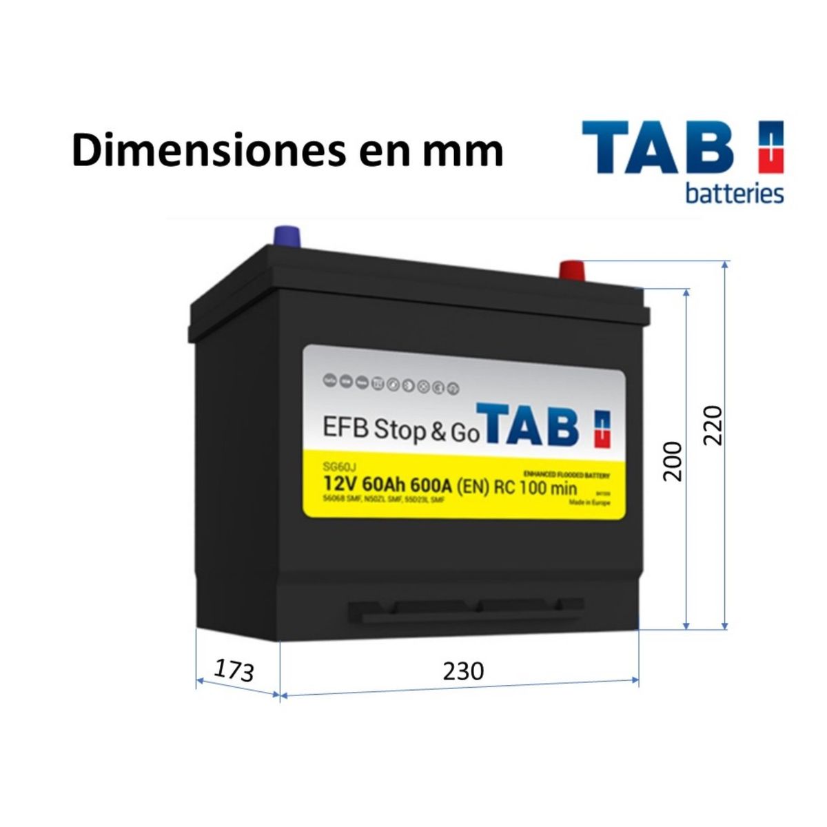 BATERIAS TAB - Batería Start Stop Tab 12v 60a 600cca Sg60j Positivo Der.