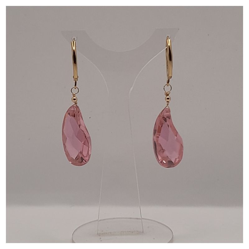 CAT JOYAS - Aros circón rosa facetada en forma de gota base de Gold Filled14k