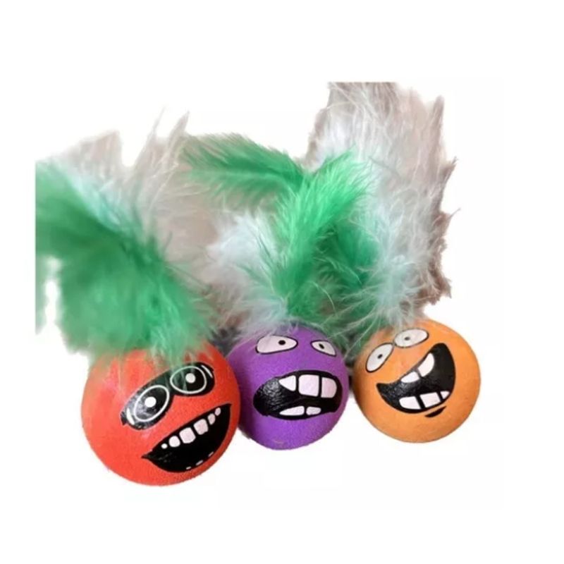 GENERICO - Pelota De Goma Con Plumas Y Cara Divertida Para Gato Mascota