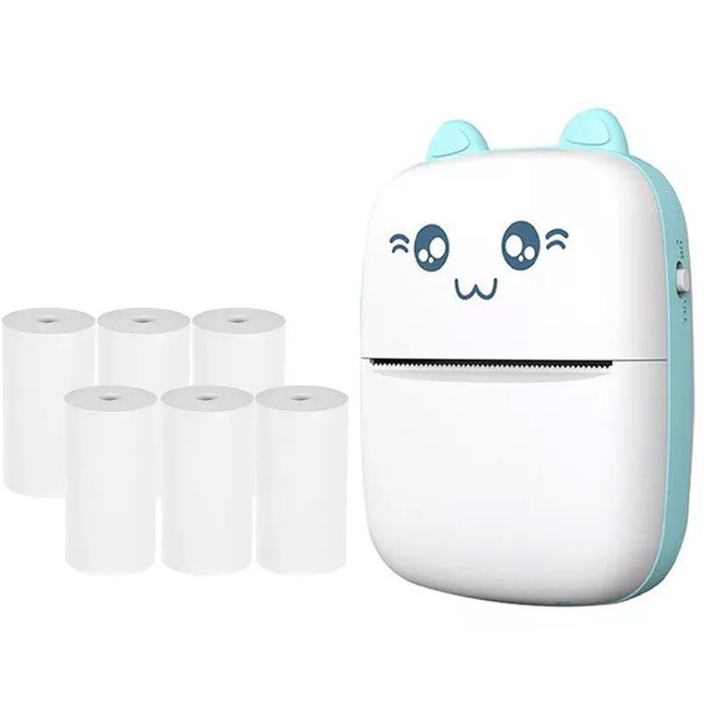 GENERICO - Mini Impresora Térmica Inalámbrica Con 6 Rollos De Papel Celeste