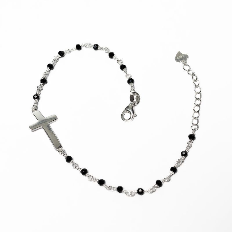 LA GARZA - Pulsera Hombre Plata Cruz Cristales Negros