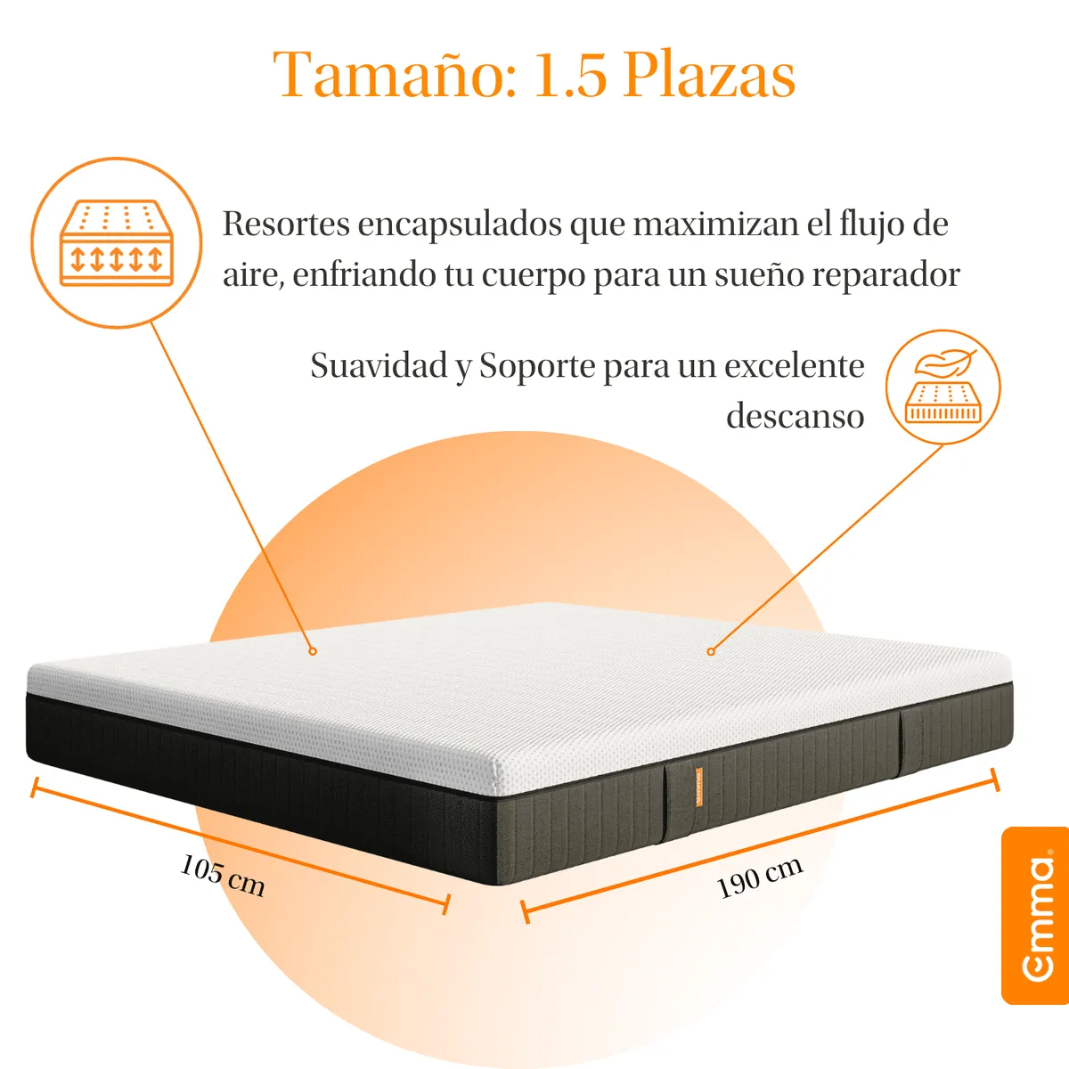 EMMA - Colchón Emma Hybrid 1.5 Plazas - Espuma y Resortes Pocket - 105x190cm