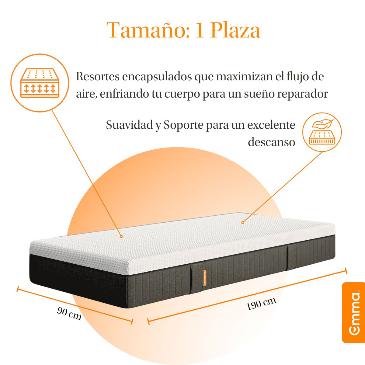 EMMA - Colchón Emma Hybrid 1 Plaza - Espuma y Resortes Pocket - 90x190cm