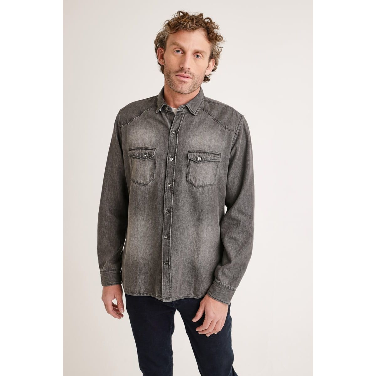 TRIAL - Camisa Manga Larga hombre Casual Slim Fit Bane Algodón Gris