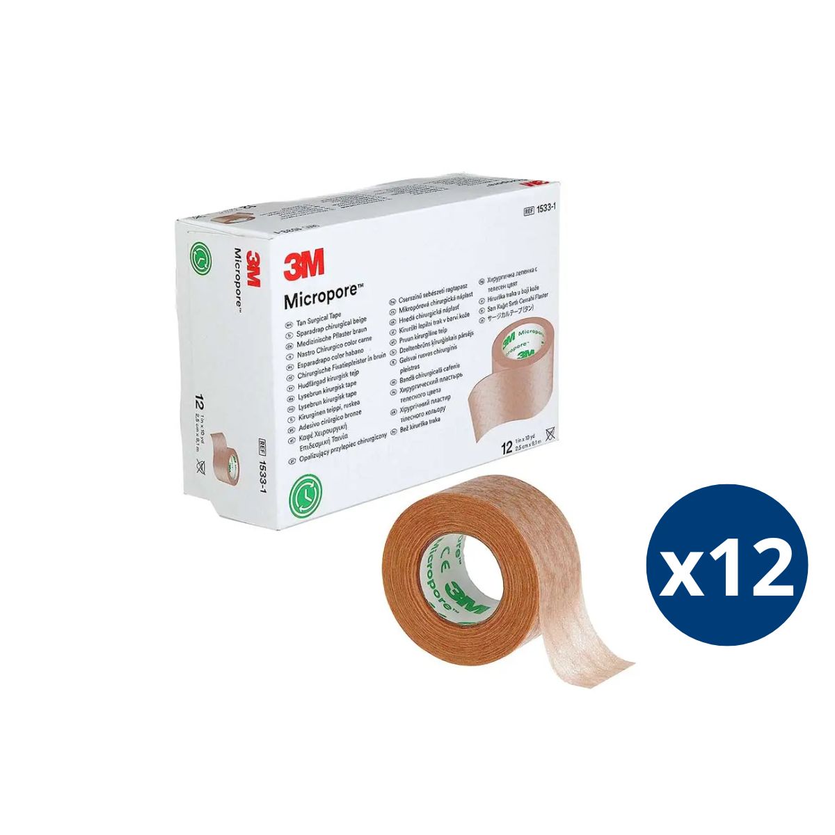 3M - Pack X 12 Cinta Tela Micropore 2.5cm X 9.1m Color Piel Caja X 12
