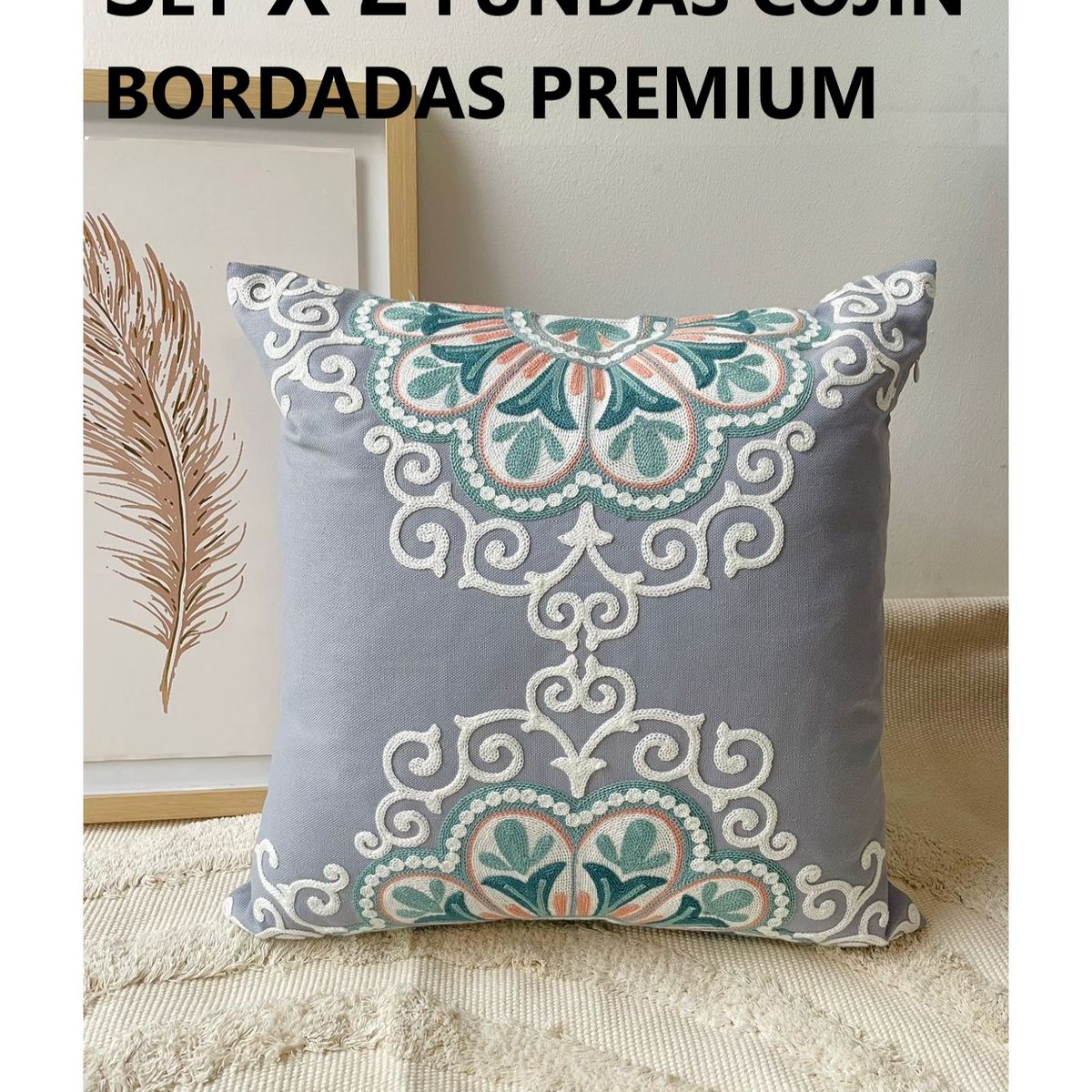 COMPRAPO - Set Pack 2 Fundas de Cojín Bordado Gris y Turquesa Premium 45x45 cm