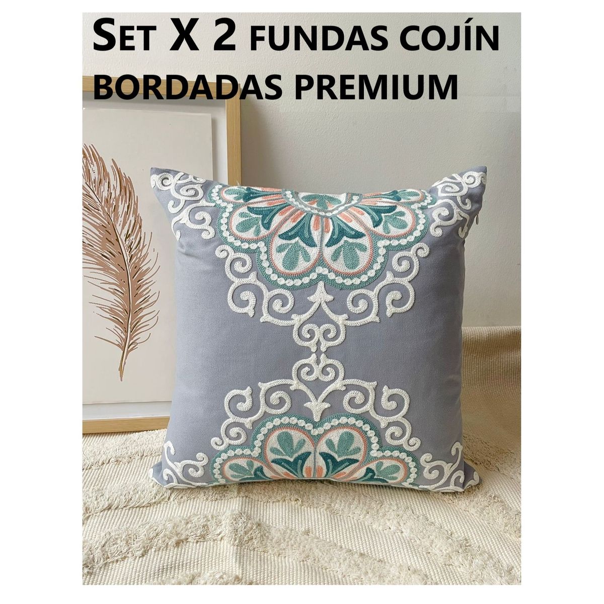 COMPRAPO - Set Pack 2 Fundas de Cojín Bordado Gris y Turquesa Premium 45x45 cm