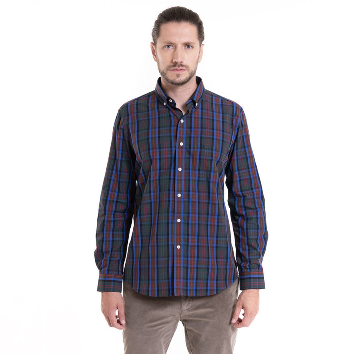 POTROS - Camisa Trevira Fantasía Azul Cuadros Hombre Manga Larga POTROS